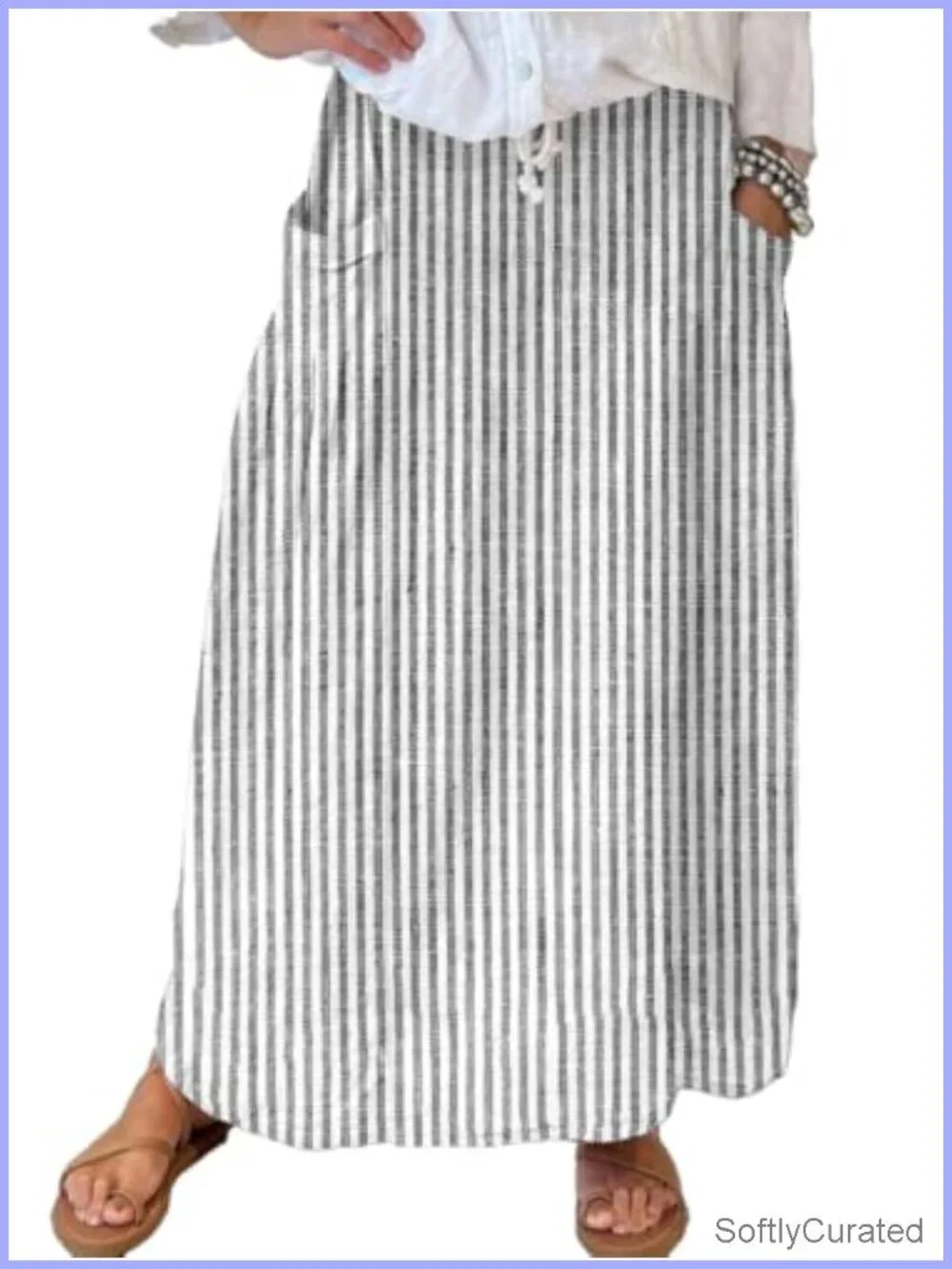 Women's Vertical Striped High Waist Maxi Skirt 100% Cotton A-Line with Pockets